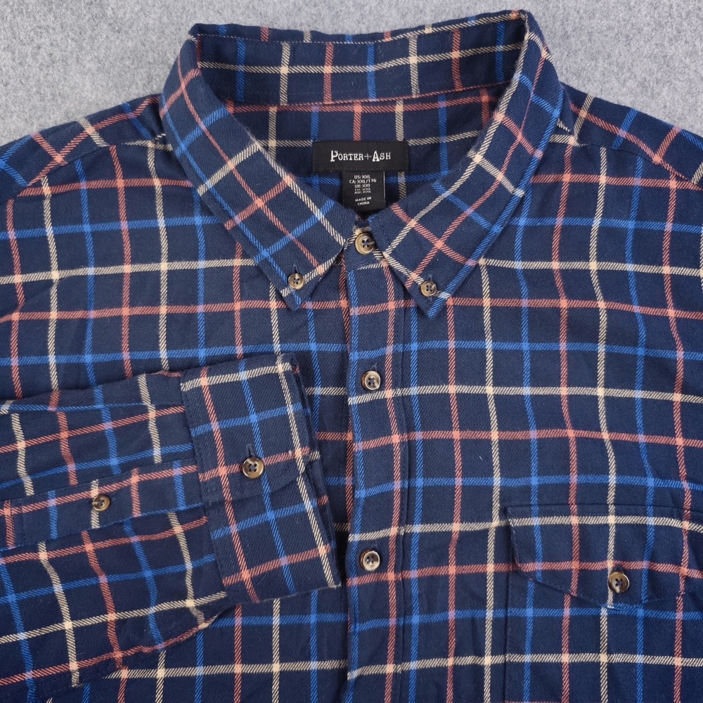 Porter + Ash Flannel Shirt Mens 2XL Blue Multicolor Plaid Button Cashmere Cotton